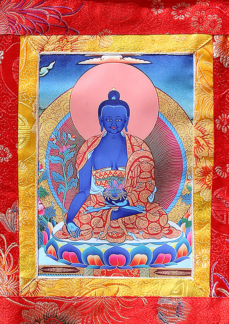 Healing Medicine Buddha Brocade Framed Thangka Wall Hanging