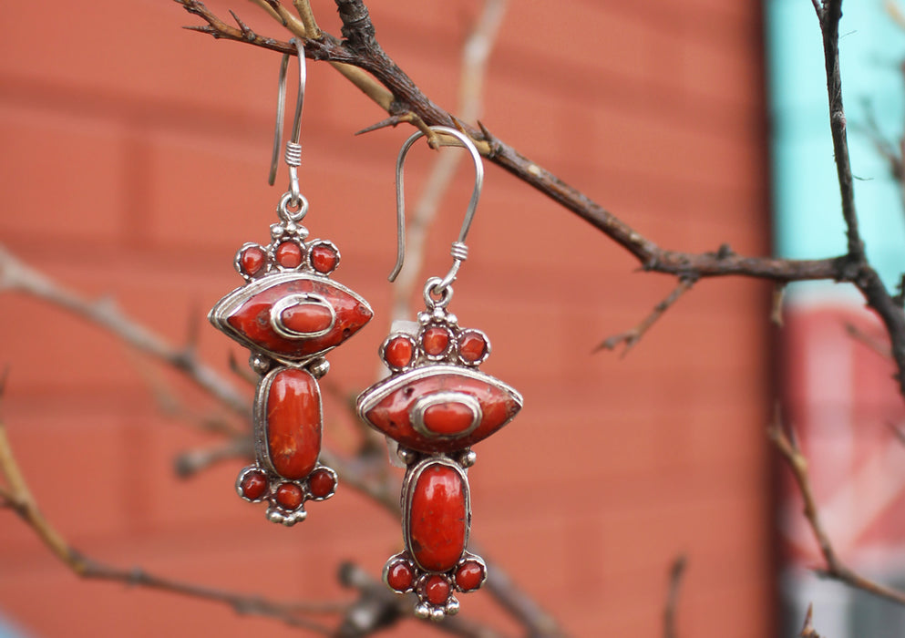 Unique Coral Inlaid Silver Sterling Earrings - nepacrafts
