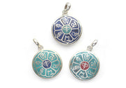 Buddha Eyes and Om Mani Mantra Inlaid White Metal Pendant - nepacrafts