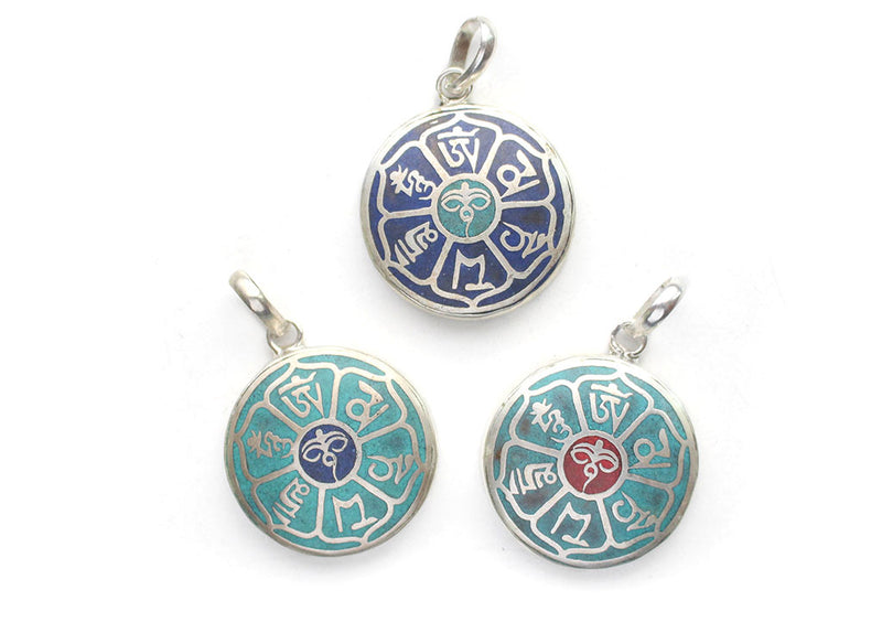Buddha Eyes and Om Mani Mantra Inlaid White Metal Pendant - nepacrafts