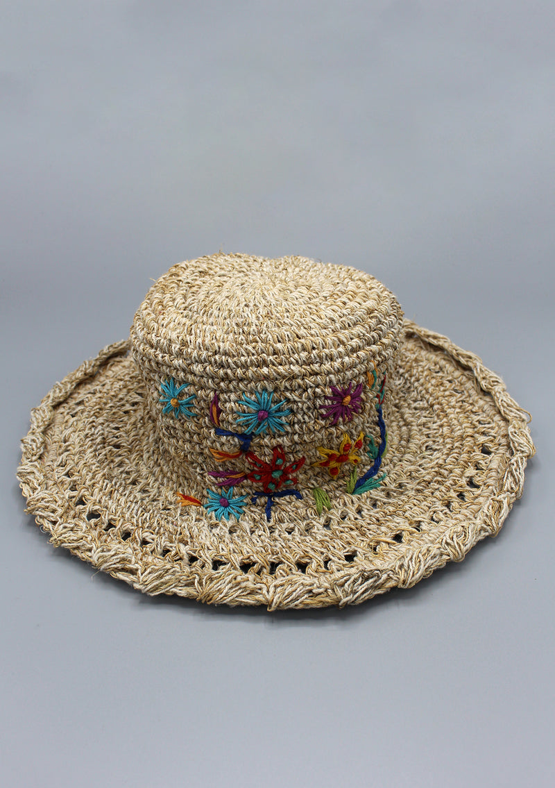 Flower Embroidery Summer Hemp Hat - nepacrafts