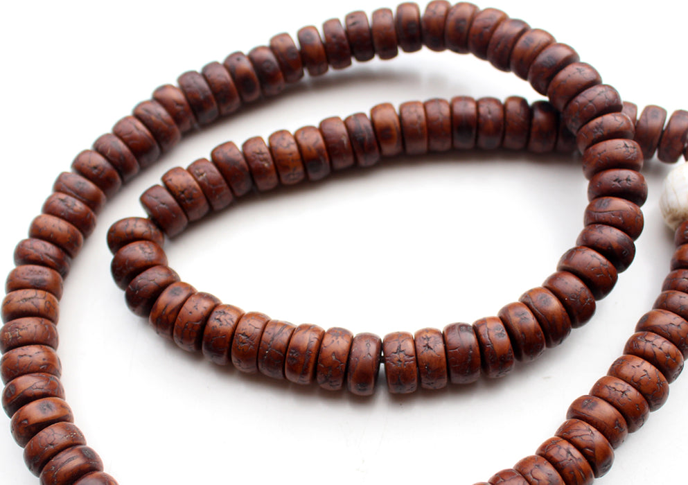 12 mm Flat Beads Cut Design Dark Brown Bodhi Seed Prayer Mala with Counch Guru Beads - nepacrafts