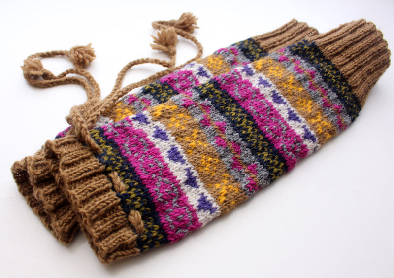 Handknitted Brown Pink Multicolor Winter Legwarmers with Lace - nepacrafts