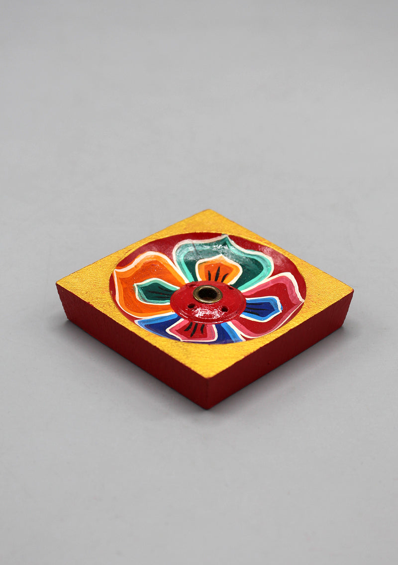 Square  Lotus Painted Tibetan Wooden Incense Holder