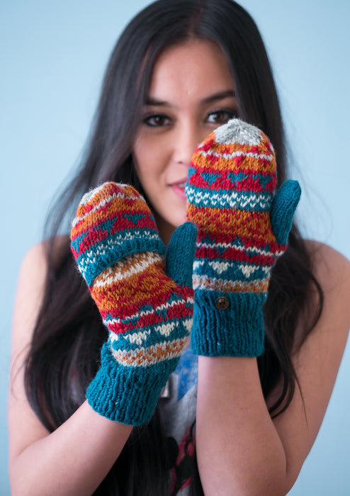Hand knit Multicolor Woolen Convertible Mittens (Blue Mix WO24G)