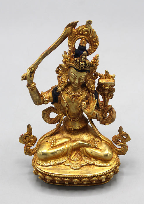 Gold Plated Copper Tibetan Manjushri Statue 6"