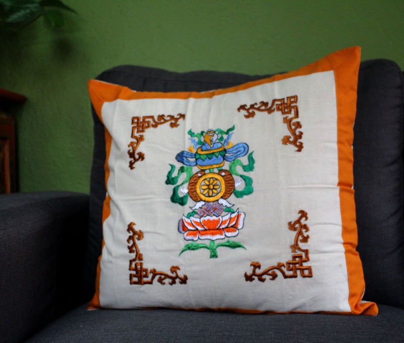 Eight In One Kalash Symbol Embroidered Cotton Pillow Covers