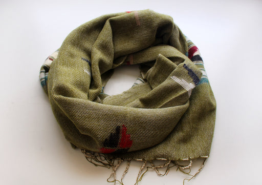 Green Border Butterfly Pattern Olive Green Handloomed Yak Wool Shawl - nepacrafts