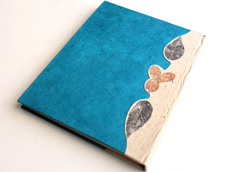 Blue Real Flower Printed Nepalese Lokta Paper Blank Journal - nepacrafts