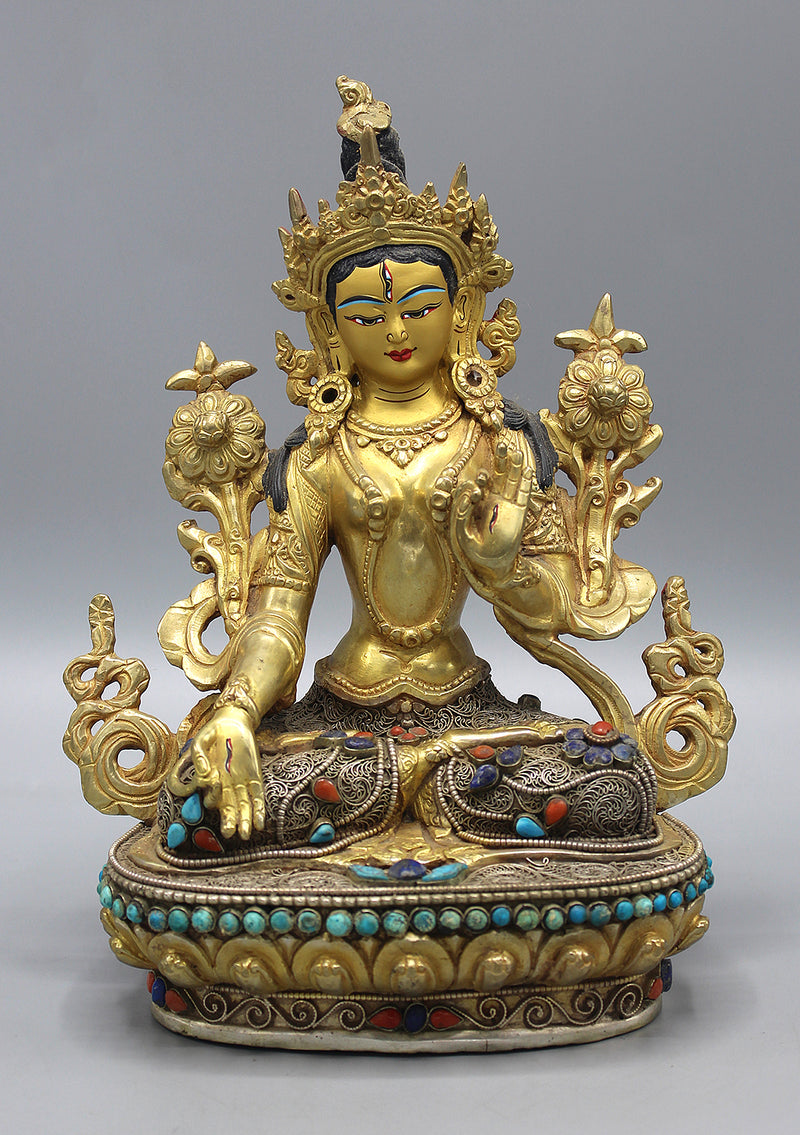 Gold Plated Eternal White Tara Statue with Silver Filigree and Turquoise
