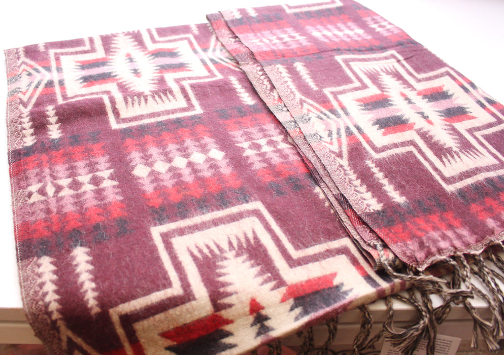 Hand Loomed Maroon & Cream Check Pattern Yak Wool Shawl - nepacrafts