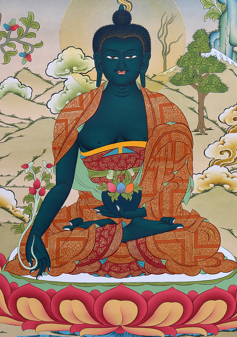 Medicine Buddha on Lotus Thangka Painting