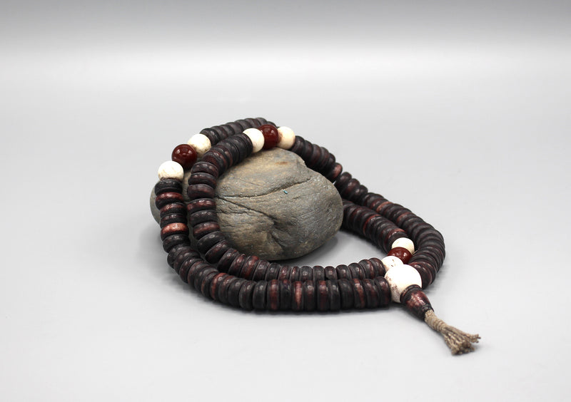 Disk Shaped Yak Bone Mala with Carnelian Beads Counter - nepacrafts