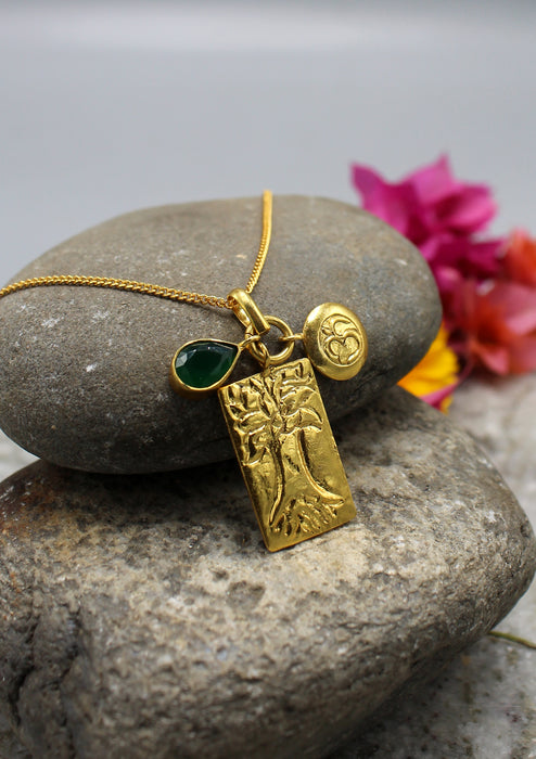 24 K Gold Plated Tree of Life Pendant with Om and Malachite Charms