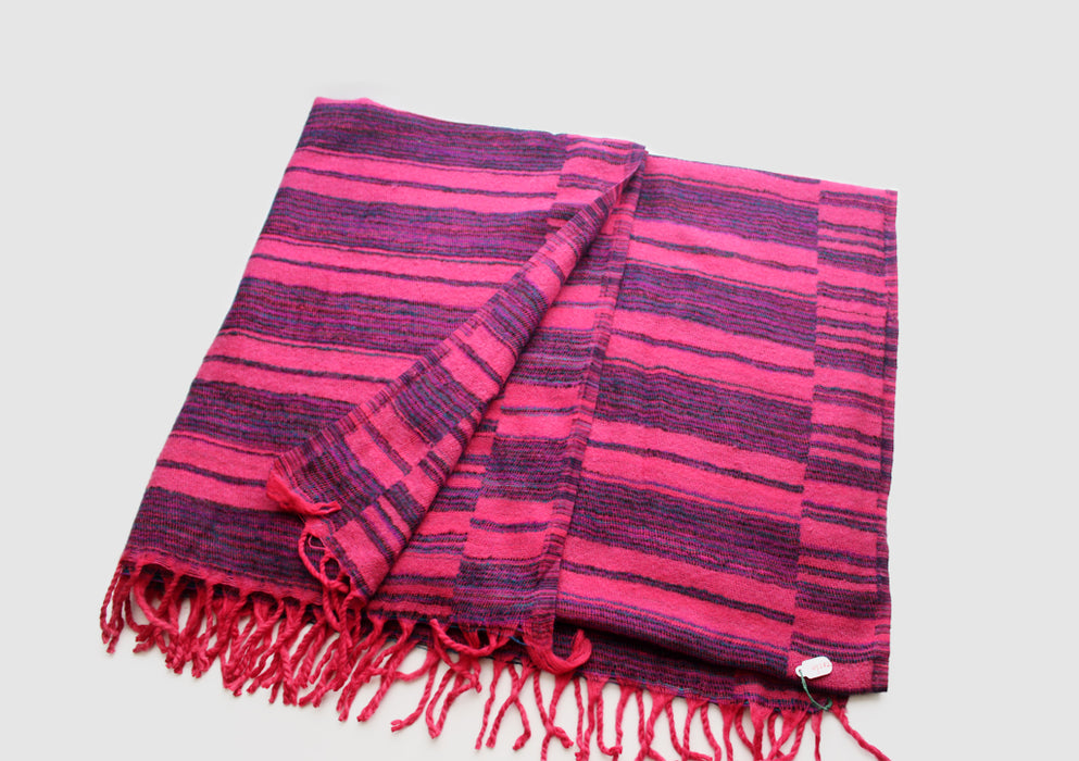 Pink with Purple and Blue Lining Himalayan Yak Wool Blanket Shawl - nepacrafts