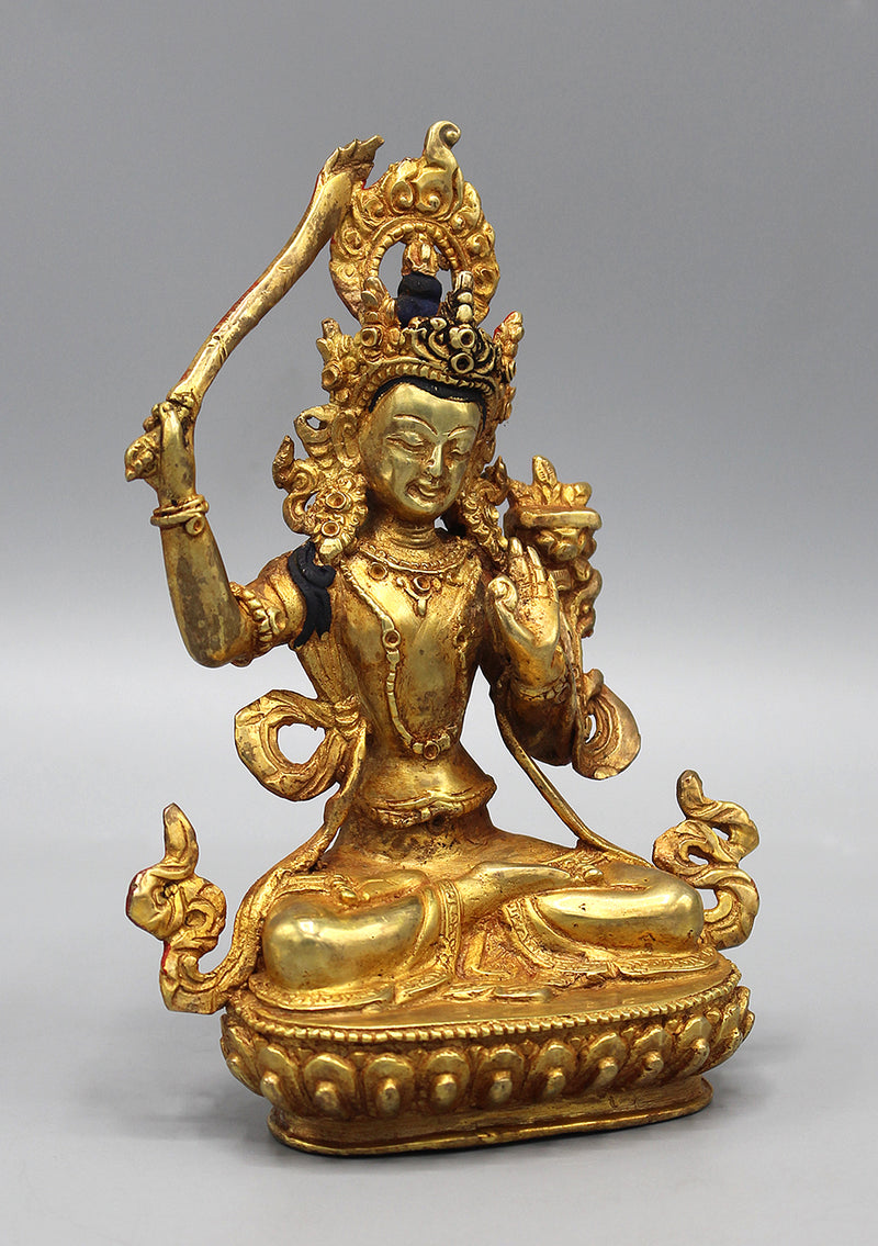 Gold Plated Copper Tibetan Manjushri Statue 6"