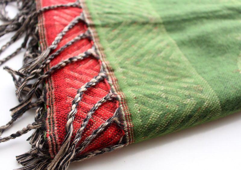 Hand Loomed Red and Green Flower Printed Yak Wool Shawl - nepacrafts