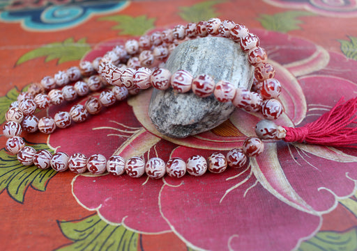 Om Mani Etched Carnelian Prayer Beads Mala, Yoga and Meditation Mala - nepacrafts
