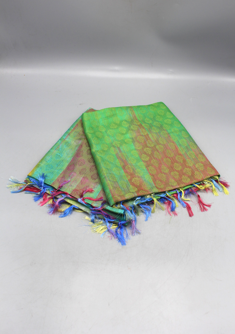 Silk Mixed Polyester Green Mixed Multi Color Shawls with Furka