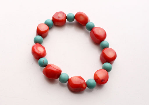 Beautiful Faux Coral and Turquoise Beads Stretchable Bracelet, Yoga Bracelet - nepacrafts