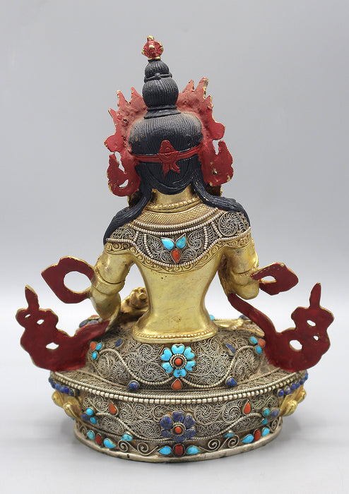 Gold Plated Vajrasattva Statue With Silver Filigree and Turquoise Inlays