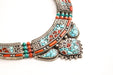 Turquoise & Coral Inlaid Tribal White Metal Collar Necklace - nepacrafts