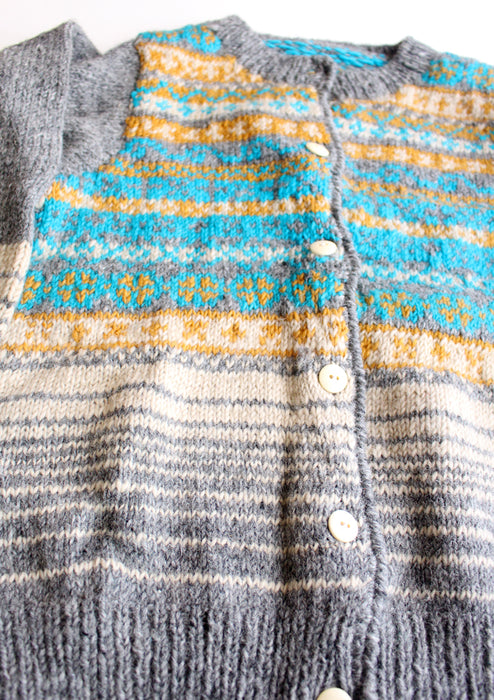 Aqua Blue and Mustard Lining Hand Knitted Pure Woolen Cardigan Sweater - nepacrafts