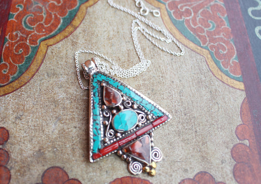 Traditional Tibetan Triangle Shape Turquoise and Coral Pendant - nepacrafts