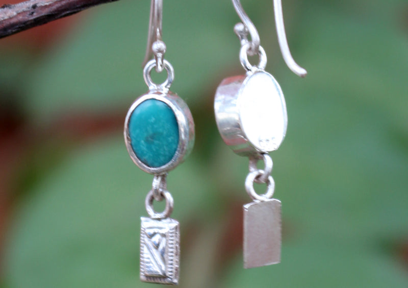 Turquoise Inlaid Round Silver Drop Earrings - nepacrafts