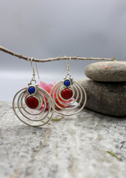 Inlaid Coral and Lapis Round White Metal Earrings