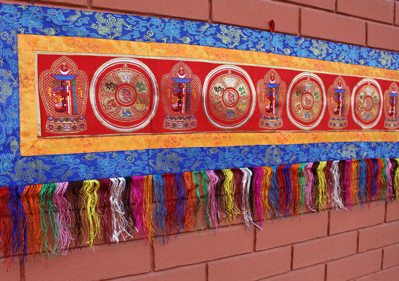 Tibetan Kalchakra Om Mani Brocade Framed Horizontal Banner - nepacrafts