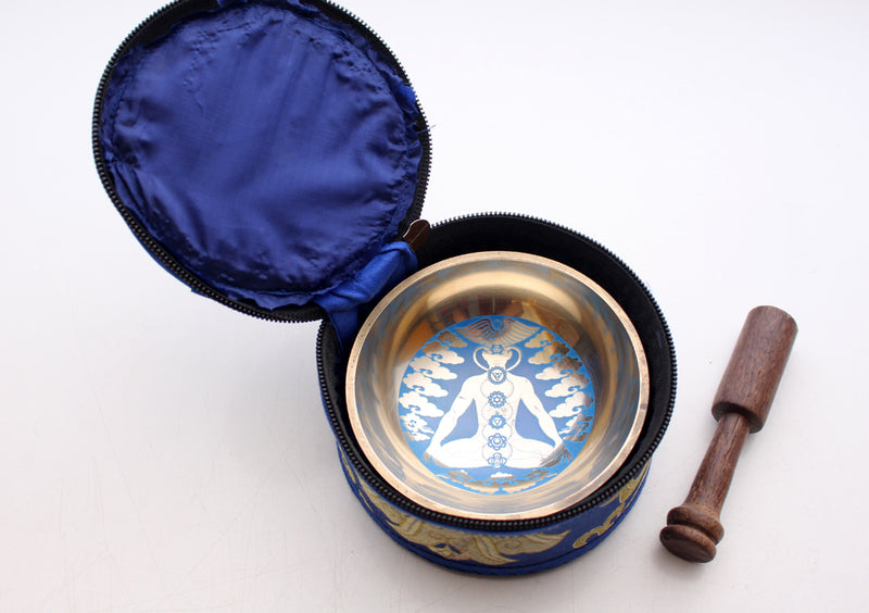 Seven Chakra Painted Singing Bowl Set with Blue Silk Brocade Gift Box - nepacrafts
