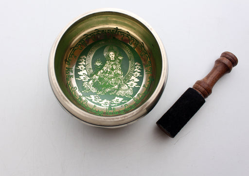 Green Tara Painted Singing Bowl Set with Silk Brocade Gift Box - nepacrafts