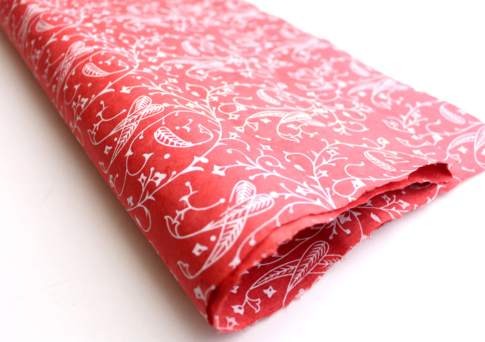 White Flower and Leaf Printed Red Handmade Gift Wrapping Lokta Paper Sheets - nepacrafts
