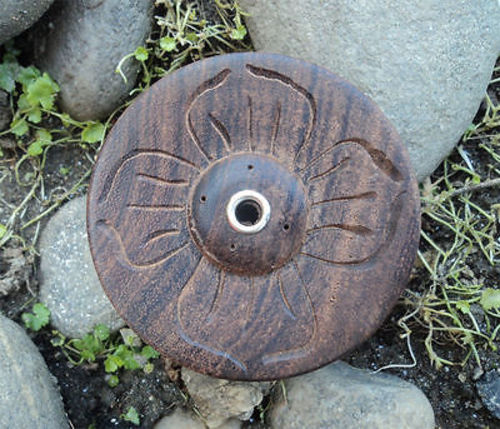 Floral Design Carved Small Round Wooden Incense Burner (4 Full Petals FDIH08) - nepacrafts