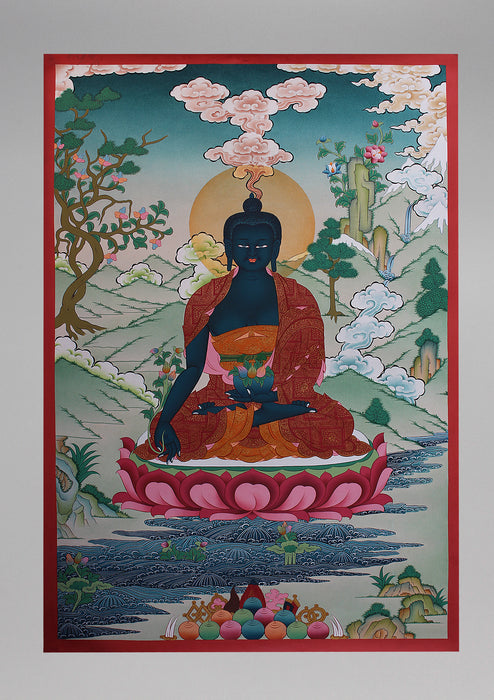Healing Medicine Buddha Seated on Lotus Tibetan Thangka Painting