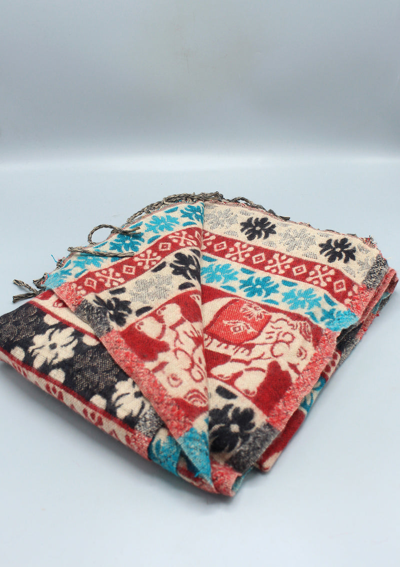 Red Elephant Design Multi Color Yak Wool Shawl