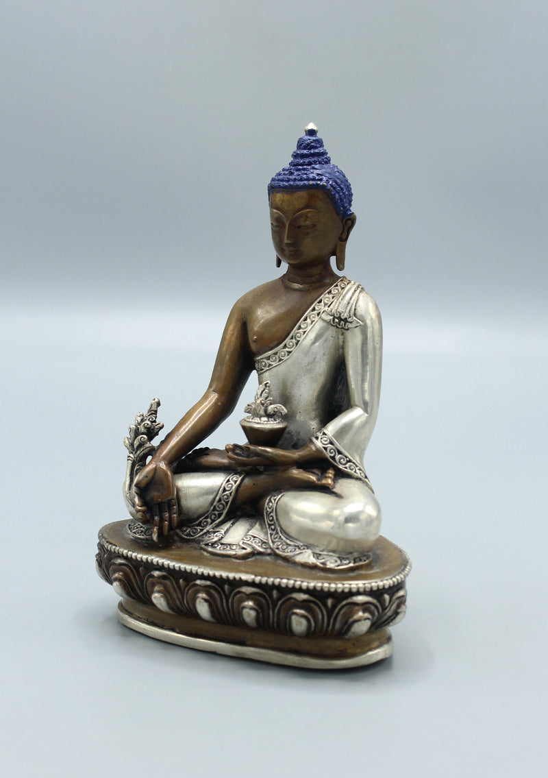 Copper Medicine Buddha Statue with Silver Robe 5.5"