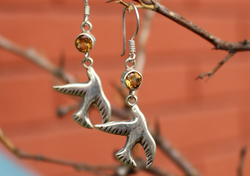 Dove Peace Bird Citrine Inlaid Silver Earrings - nepacrafts