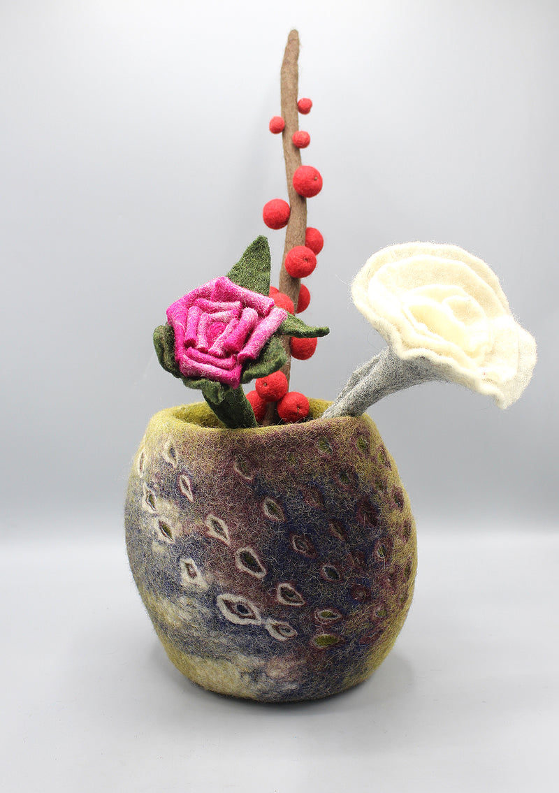 Pink Rose and White Felt Flowers with Felt Vase Home Decor