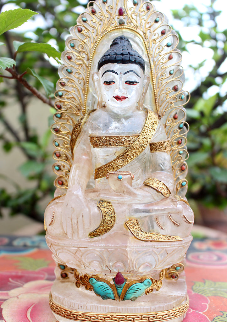 8" High Crystal Shakyamuni Buddha Statue with Goldplated Silver Robe - nepacrafts