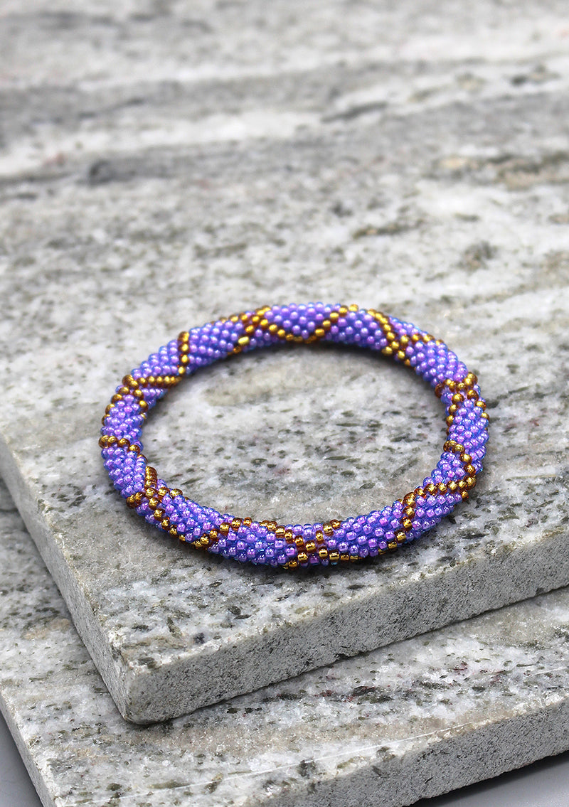 Golden Cross Purple Color Glass Beads Bracelet