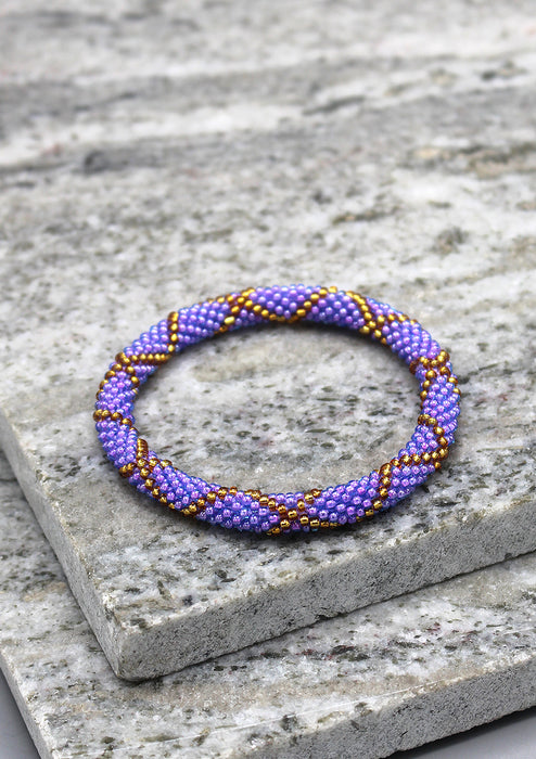 Golden Cross Purple Color Glass Beads Bracelet