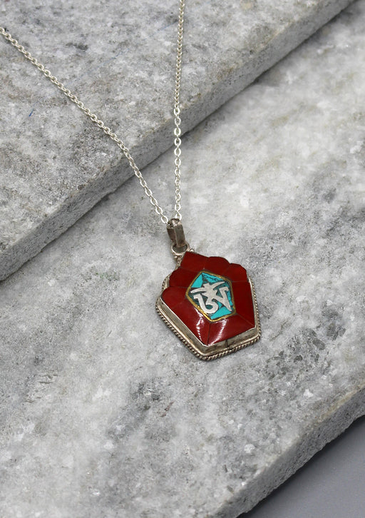 Coral Inlaid Tibetan Om Sterling Silver Pendant - nepacrafts