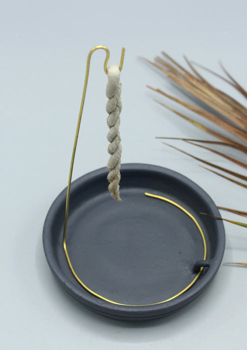Black Ceramic Base Plate and Brass Stand for Rope Incense