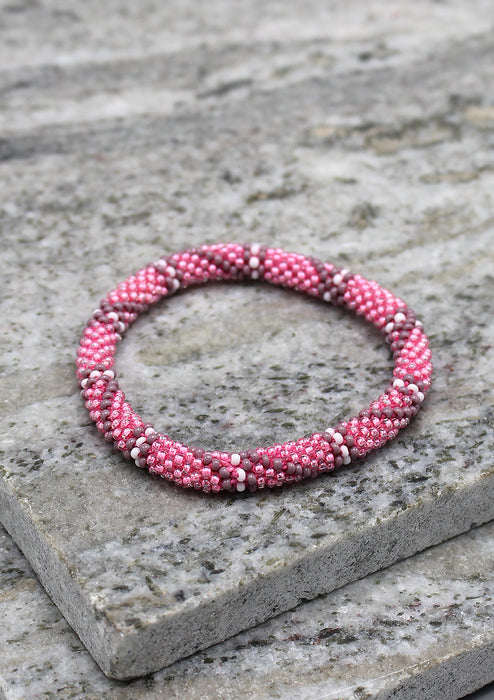 Pink and Diagonal Grey Colors Glass Beads Bracelet