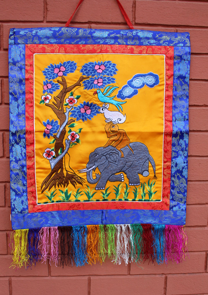 Four Harmonious Friends Embroidered Brocade Framed Wall Hanging - nepacrafts