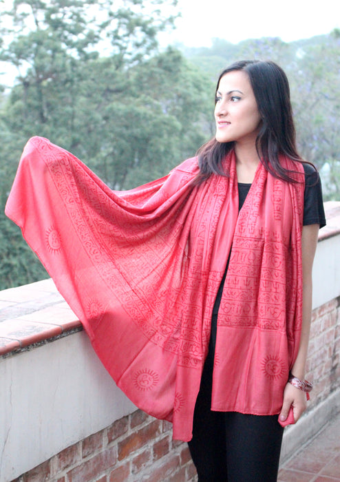 Hindu Om Printed Coral Brown Cotton Shawl From Nepal - nepacrafts