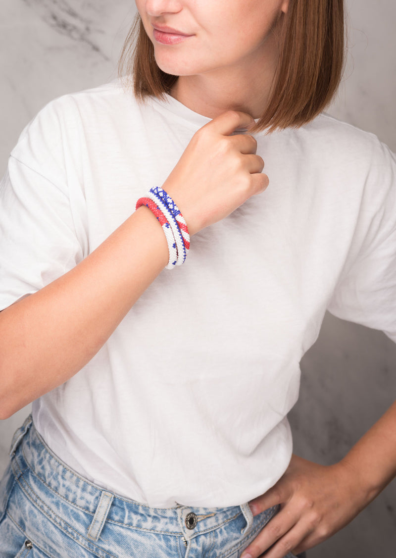 Fair Trade Nepalese Red Blue American Flag Roll on Beads Bracelet Set