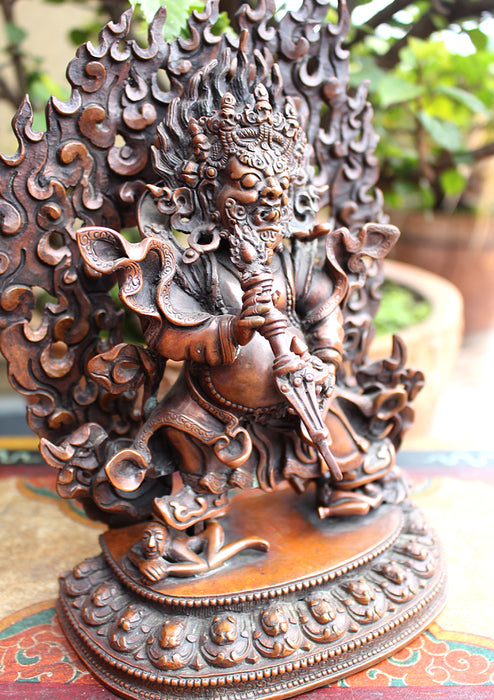 Skillfully Handcarved Mahakala Statue with Flames 8" High - nepacrafts